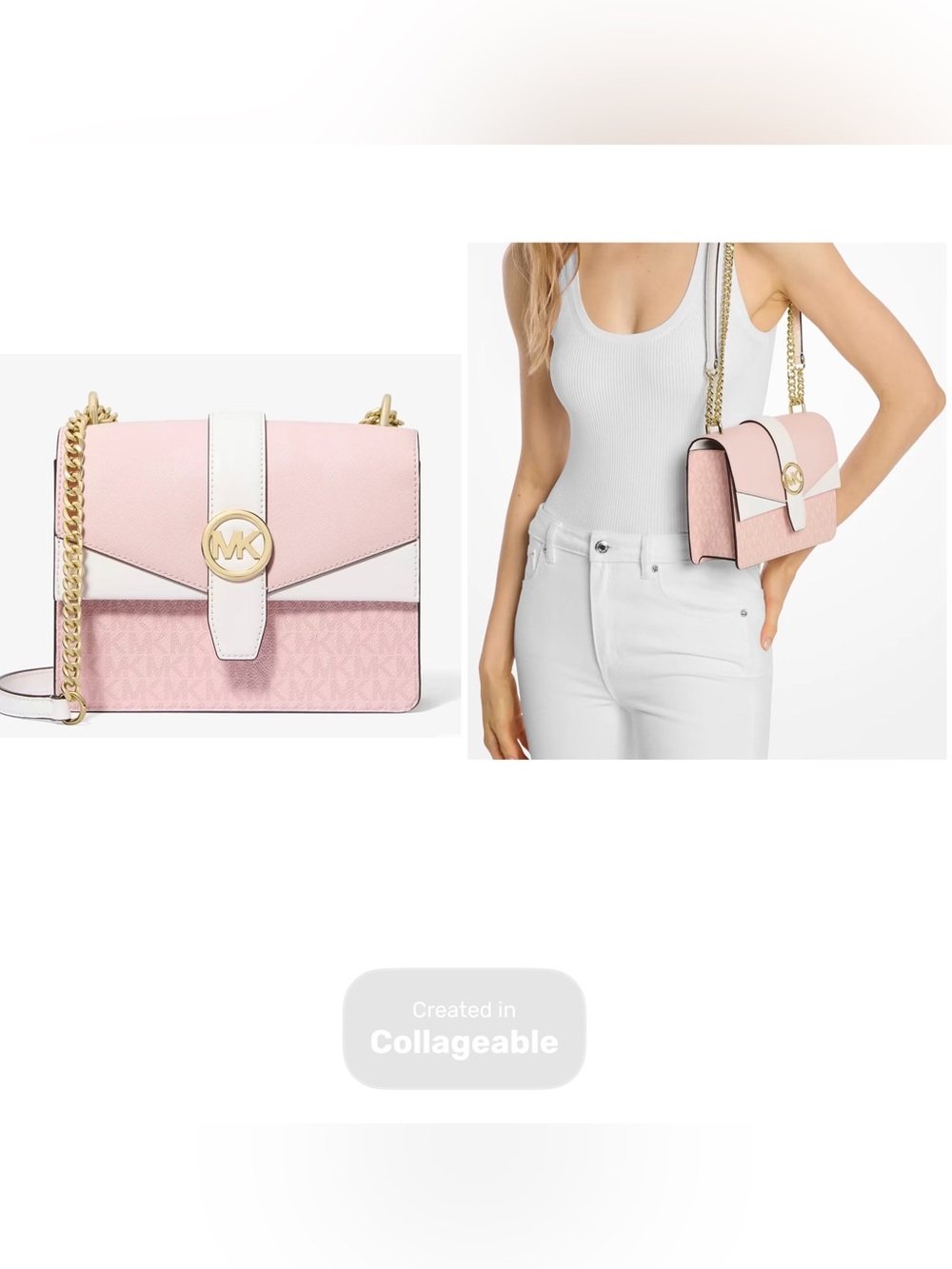 Michael Kors Pink White MK Logo Gold Chain Shoulder Crossbody Bag